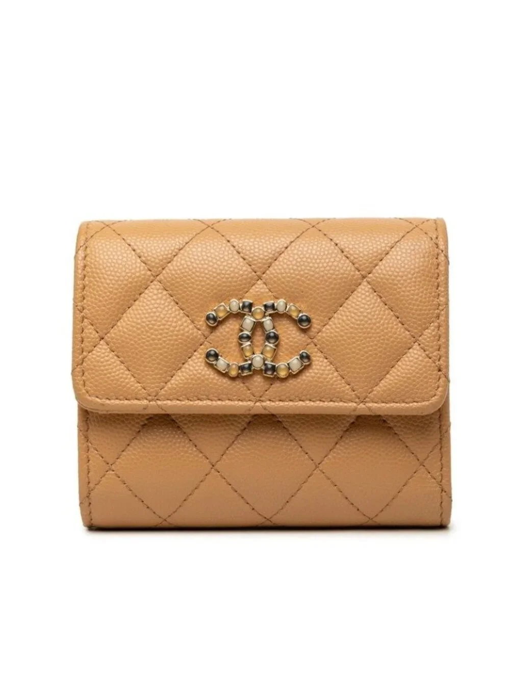 Chanel CC Logo Compact Wallet Trifold Beige Brown Canvas